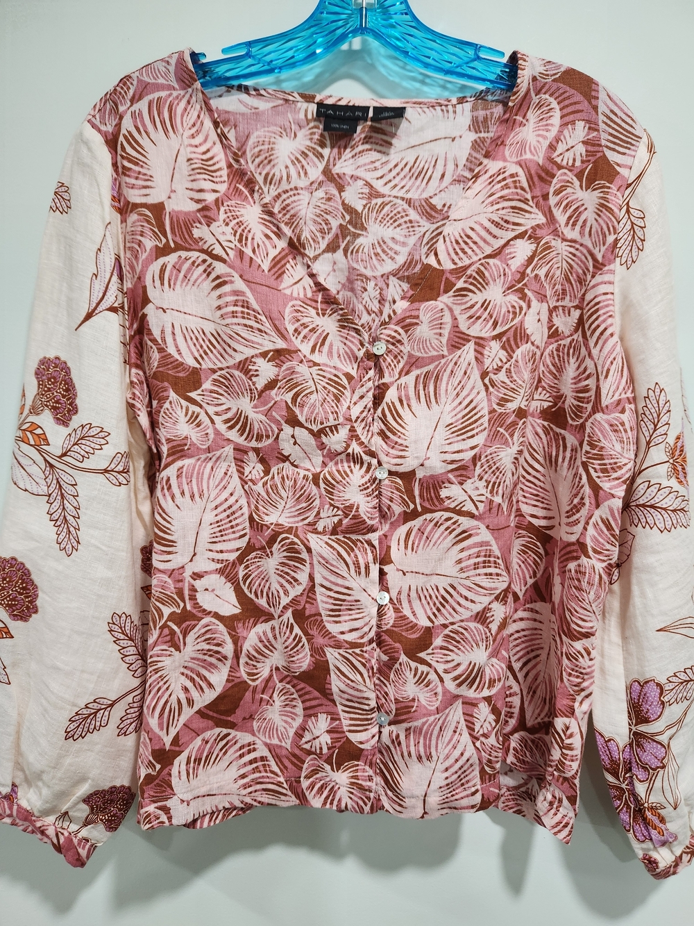 Tahari Pink and Brown Leaf Print Blouse Nwot 100% Linen